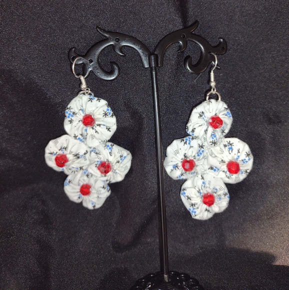 Silver and Red Floral Dangle Earrings - Picture 2 of 4